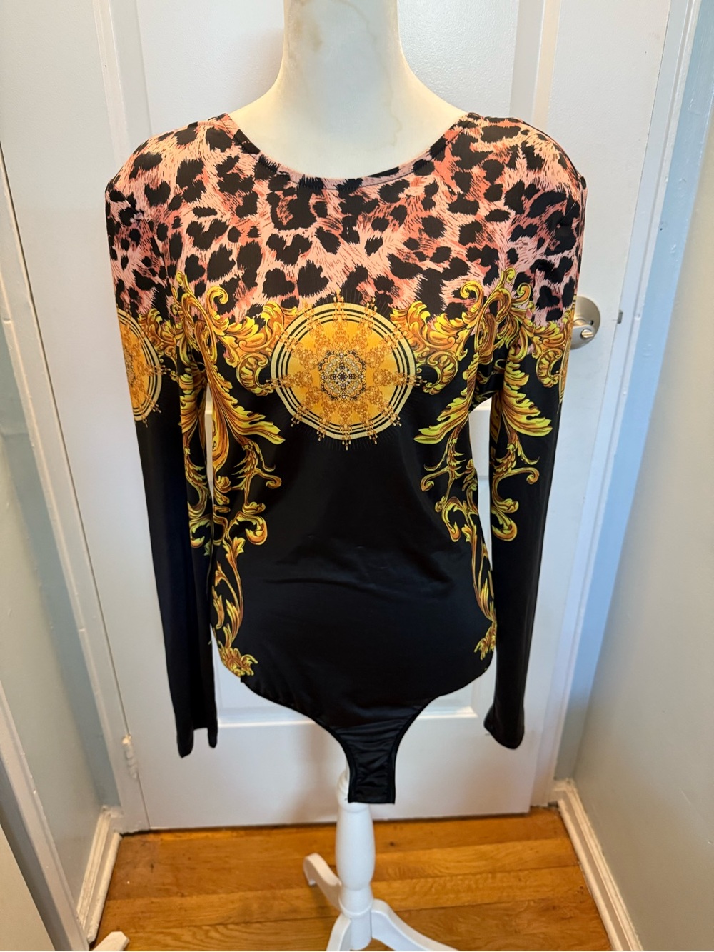 Black & Pink Baroque Print Long-Sleeve Bodysuit